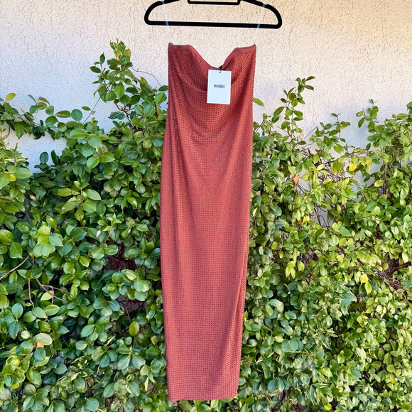 Nookie Adriana Midi Dress Brown Rhinestone Strapless Jersey Bodycon Size XS NWT - Picture 2 of 7